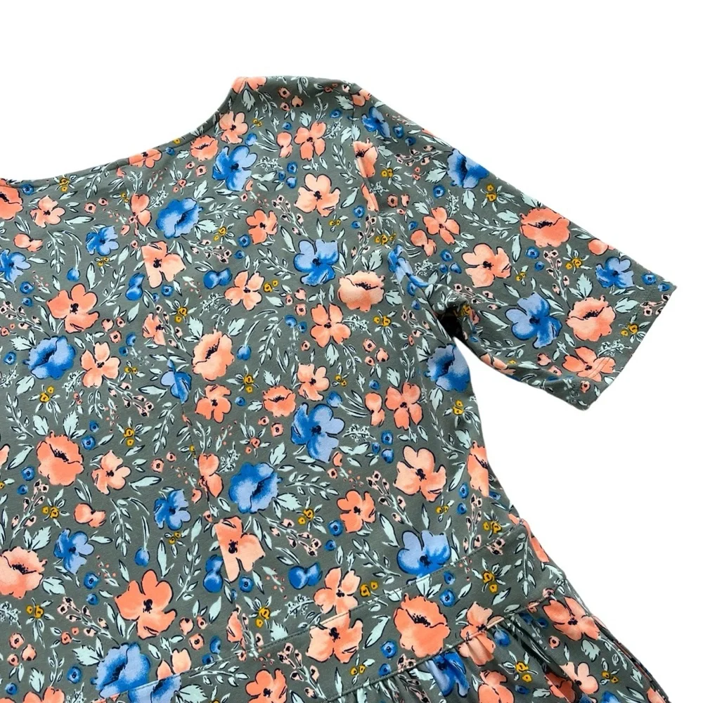 Lands’ End Womens Medium Gray Blue Orange Floral Short Sleeve Midi T-shirt Dress - Picture 13 of 16